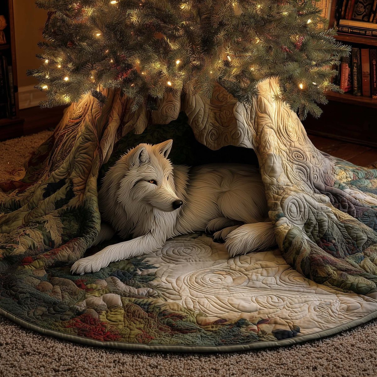 Wolf Resting in the Root Hollow Christmas Tree Skirt - Made to Order TREEK101