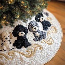 Black and White Poodles on Cream Christmas Tree Skirt - Made to Order TREEK101