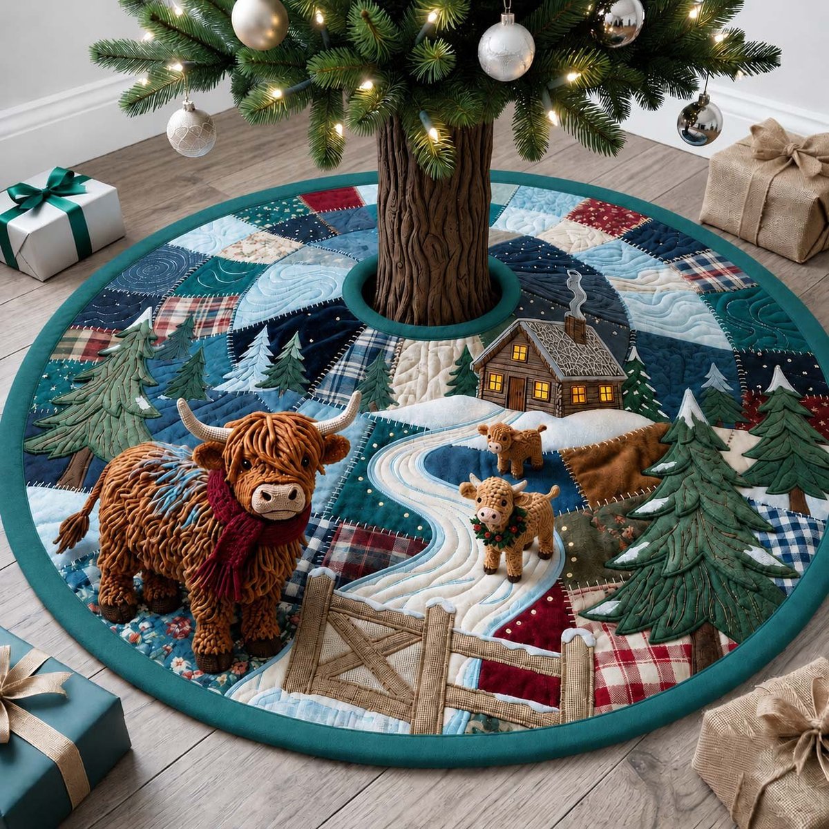 Teal Patchwork Fence Cow Christmas Tree Skirt - Made to Order TREEK101