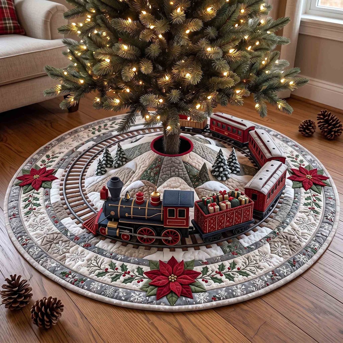 Poinsettia Ring Red Train Christmas Tree Skirt - Made to Order TREEK101