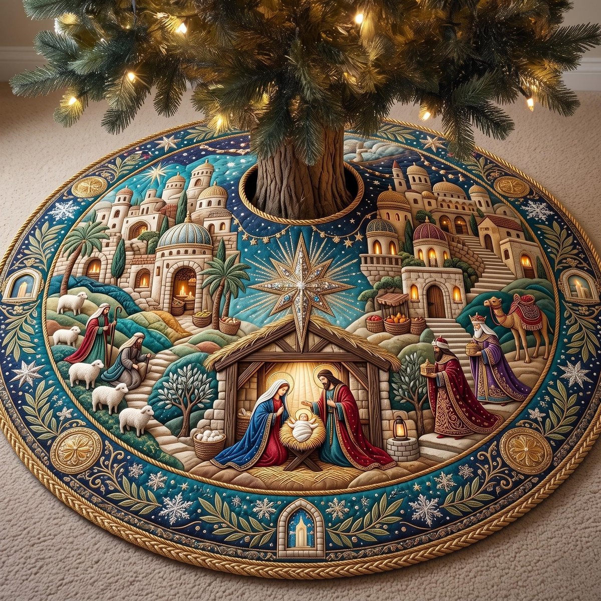 Turquoise Village Nativity Snow Christmas Tree Skirt - Made to Order TREEK101