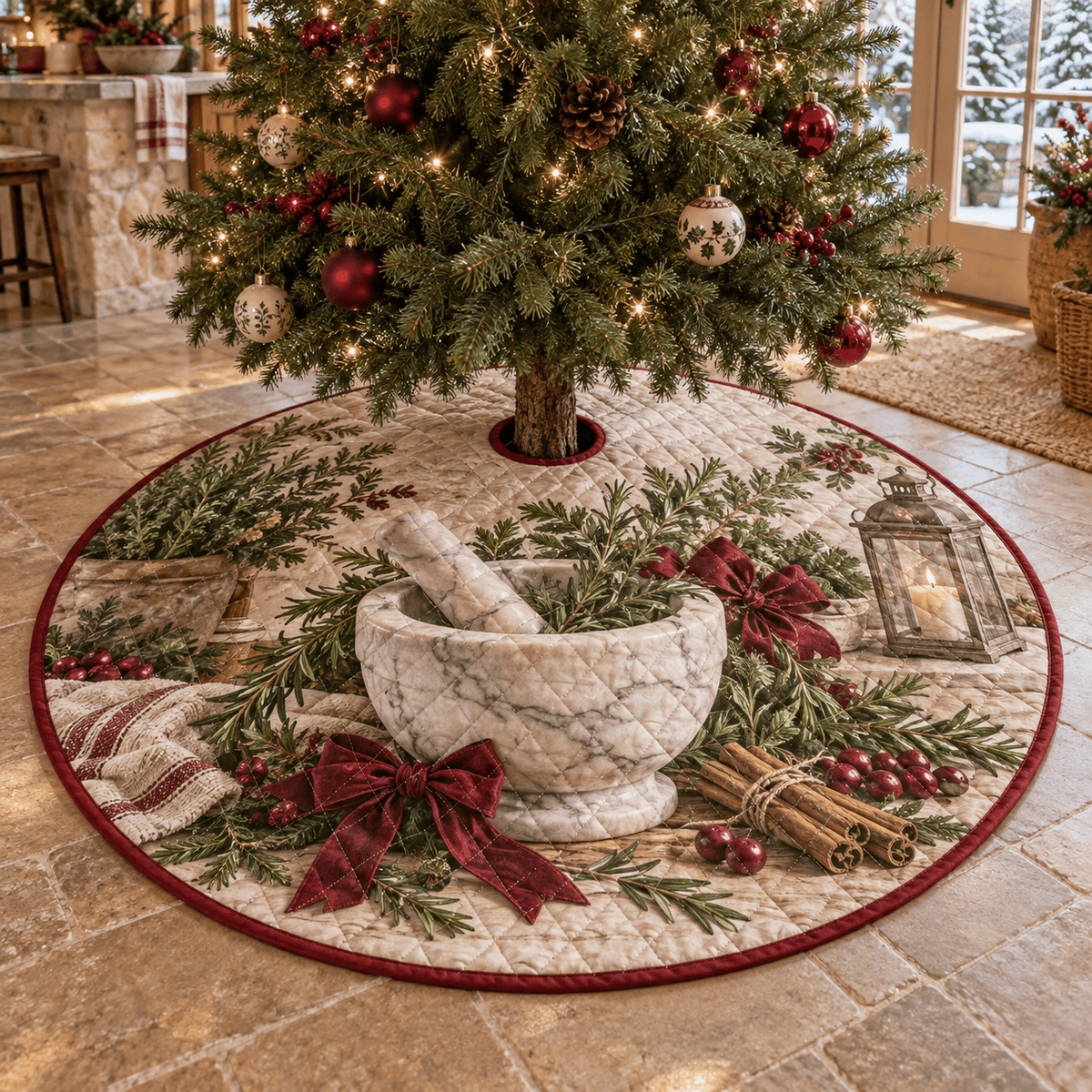 Holiday Mortar and Pestle Quilted Christmas Tree Skirt TREEK101