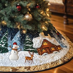 Snowman and Deer at the Lit Cabin Christmas Tree Skirt - Made to Order TREEK101