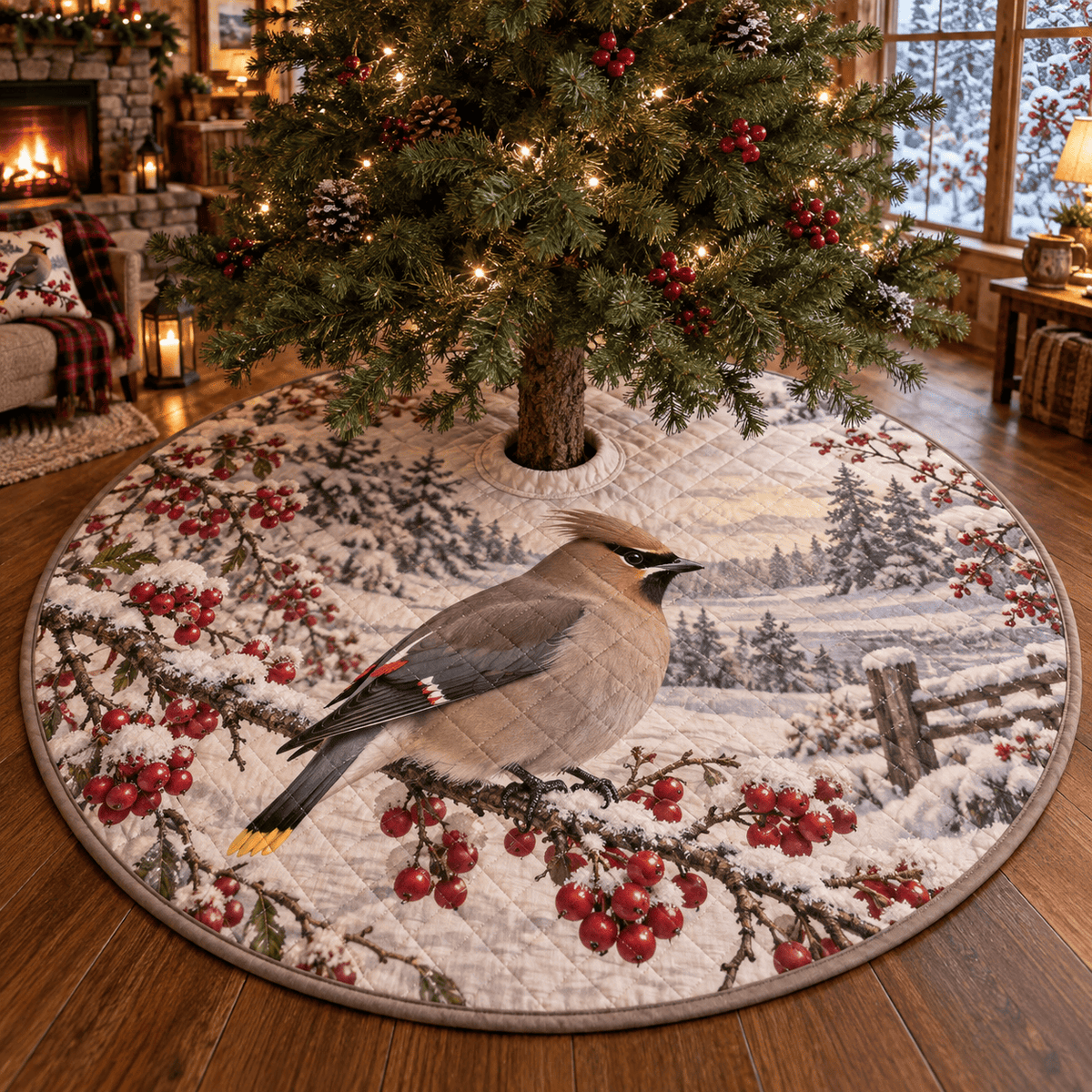 Winter Waxwing Quilted Christmas Tree Skirt TREEK101