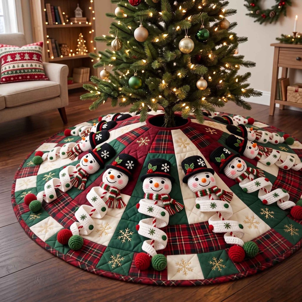 Plaid Snowman Parade Christmas Tree Skirt - Made to Order TREEK101