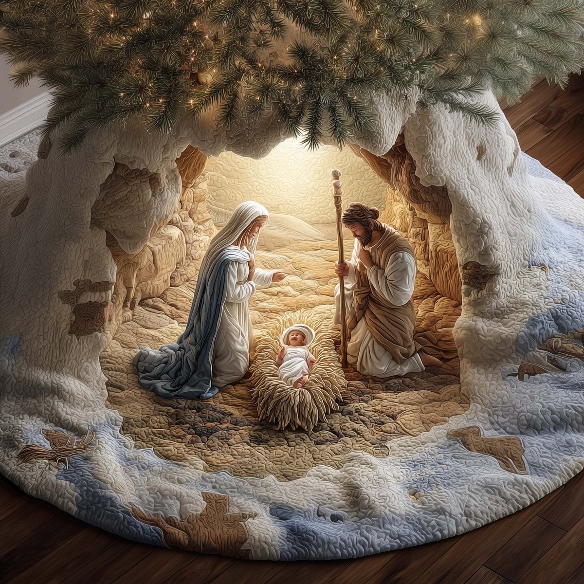 Nativity in a Pale Stone Cave Christmas Tree Skirt - Made to Order TREEK101
