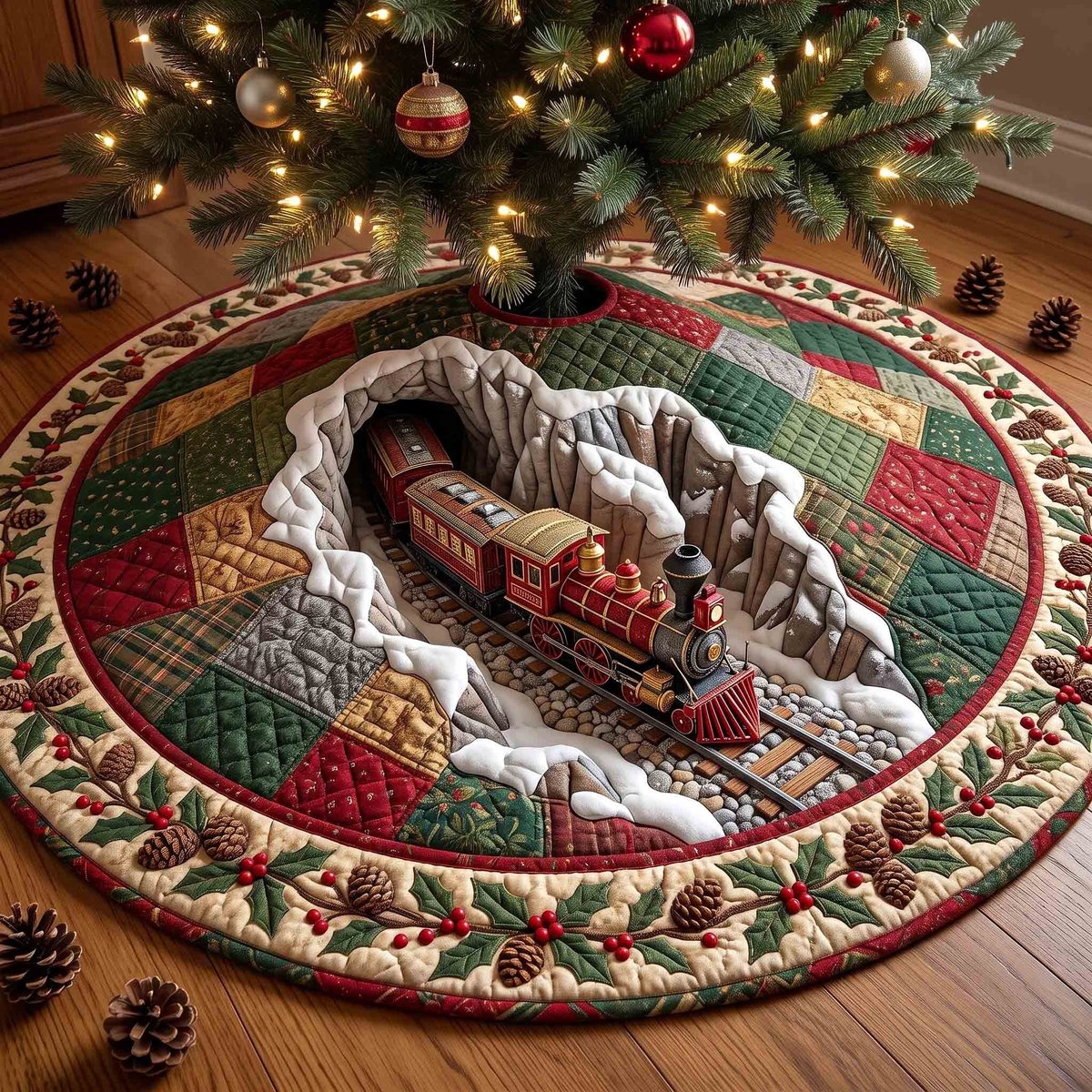 Patchwork Border Snow Train Christmas Tree Skirt - Made to Order TREEK101
