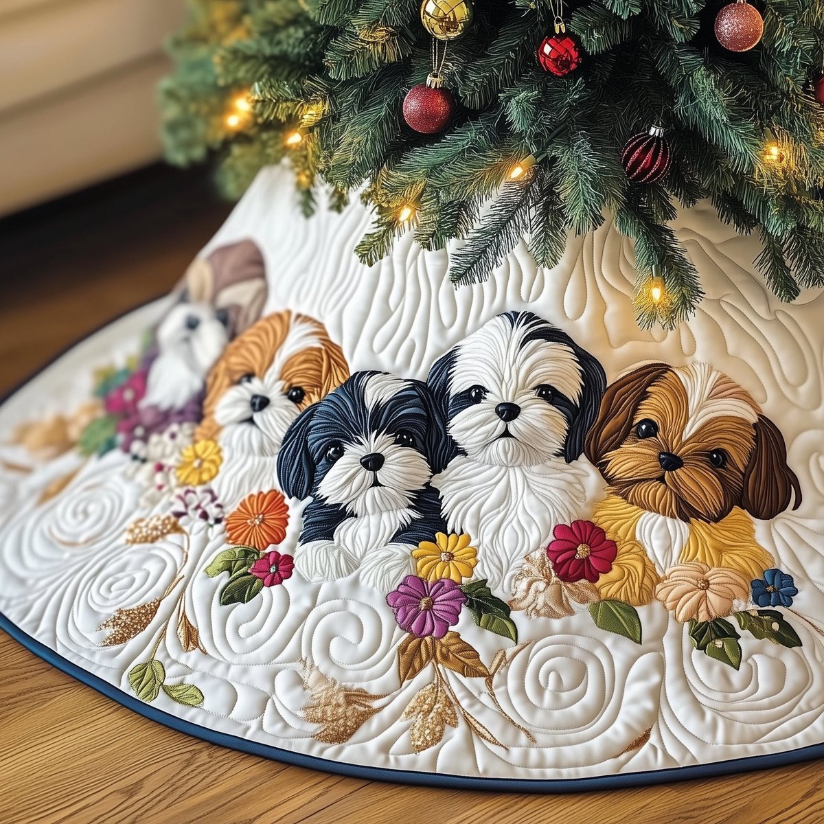 Shih Tzus with Yellow Blossoms Navy Christmas Tree Skirt - Made to Order TREEK101