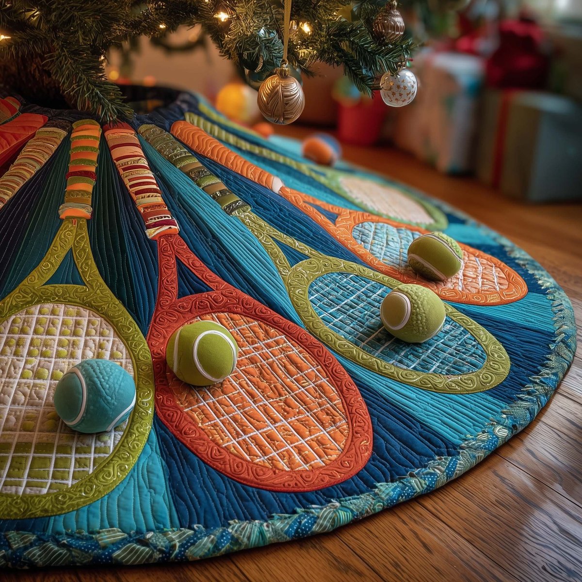 Tennis Rackets in Orange and Blue Christmas Tree Skirt - Made to Order TREEK101