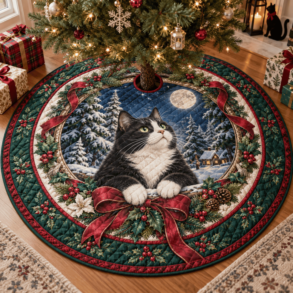 Tuxedo Cat Quilted Christmas Tree Skirt TREEK101