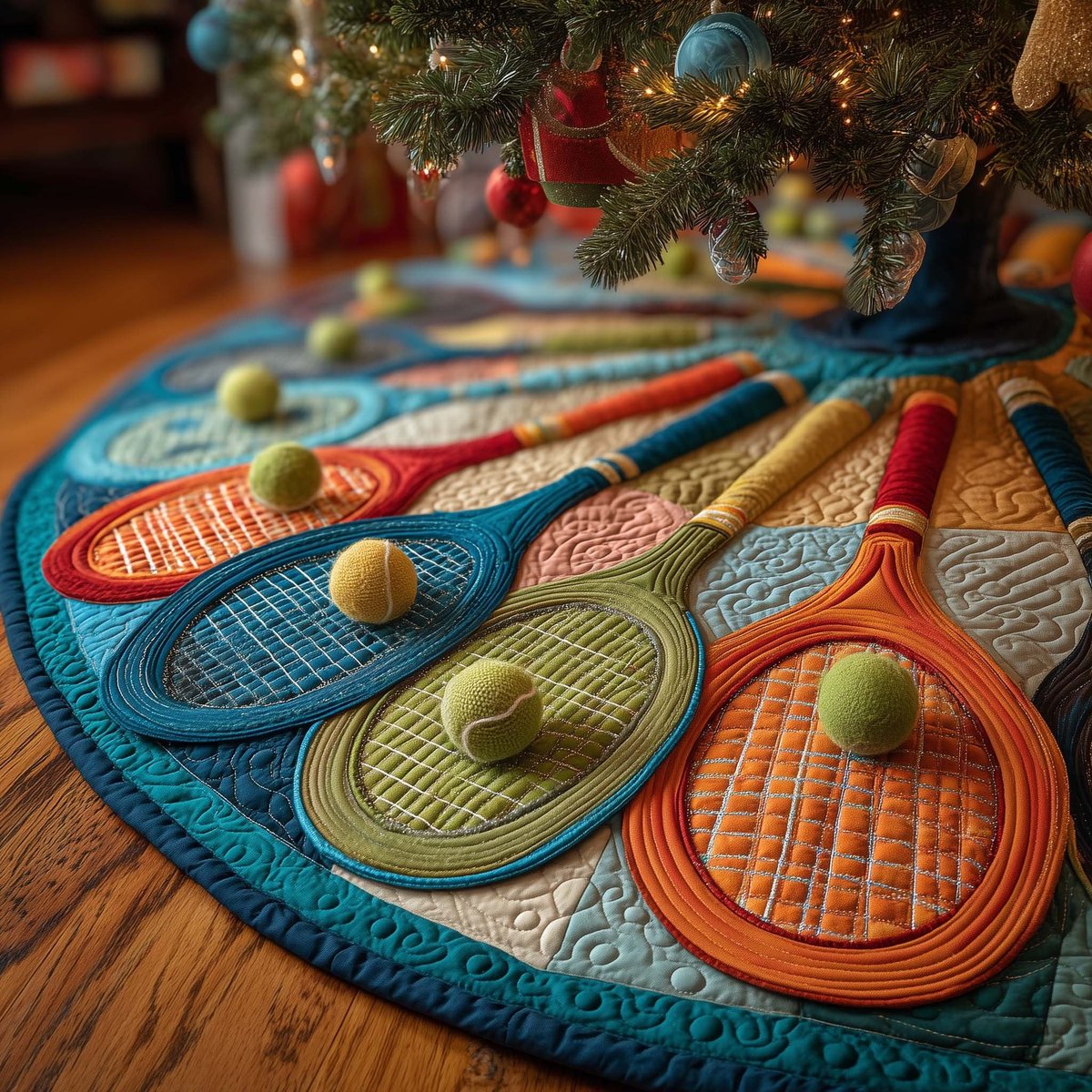Tennis Rackets in Teal and Orange Christmas Tree Skirt - Made to Order TREEK101