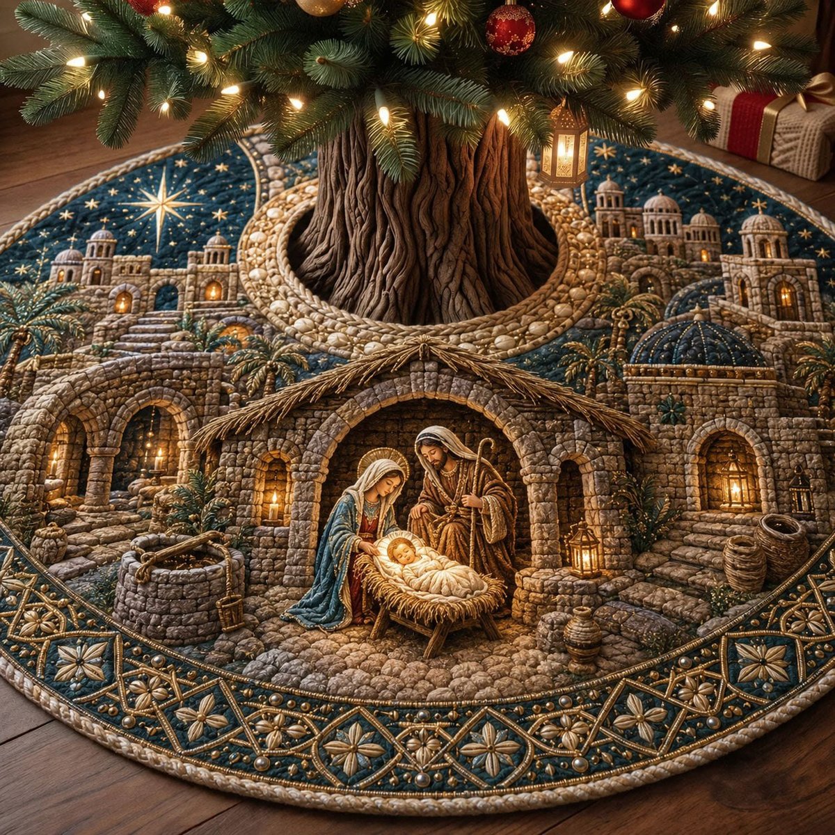 Peaceful Nativity Village Christmas Tree Skirt - Made to Order TREEK101