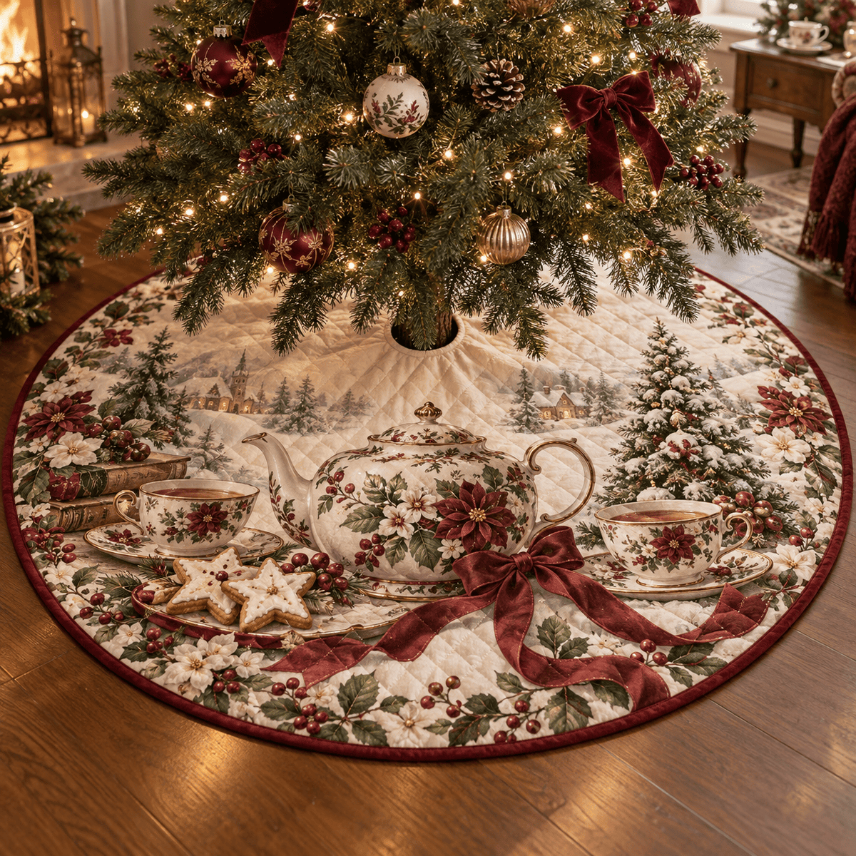 Holiday Teapot Quilted Christmas Tree Skirt TREEK101