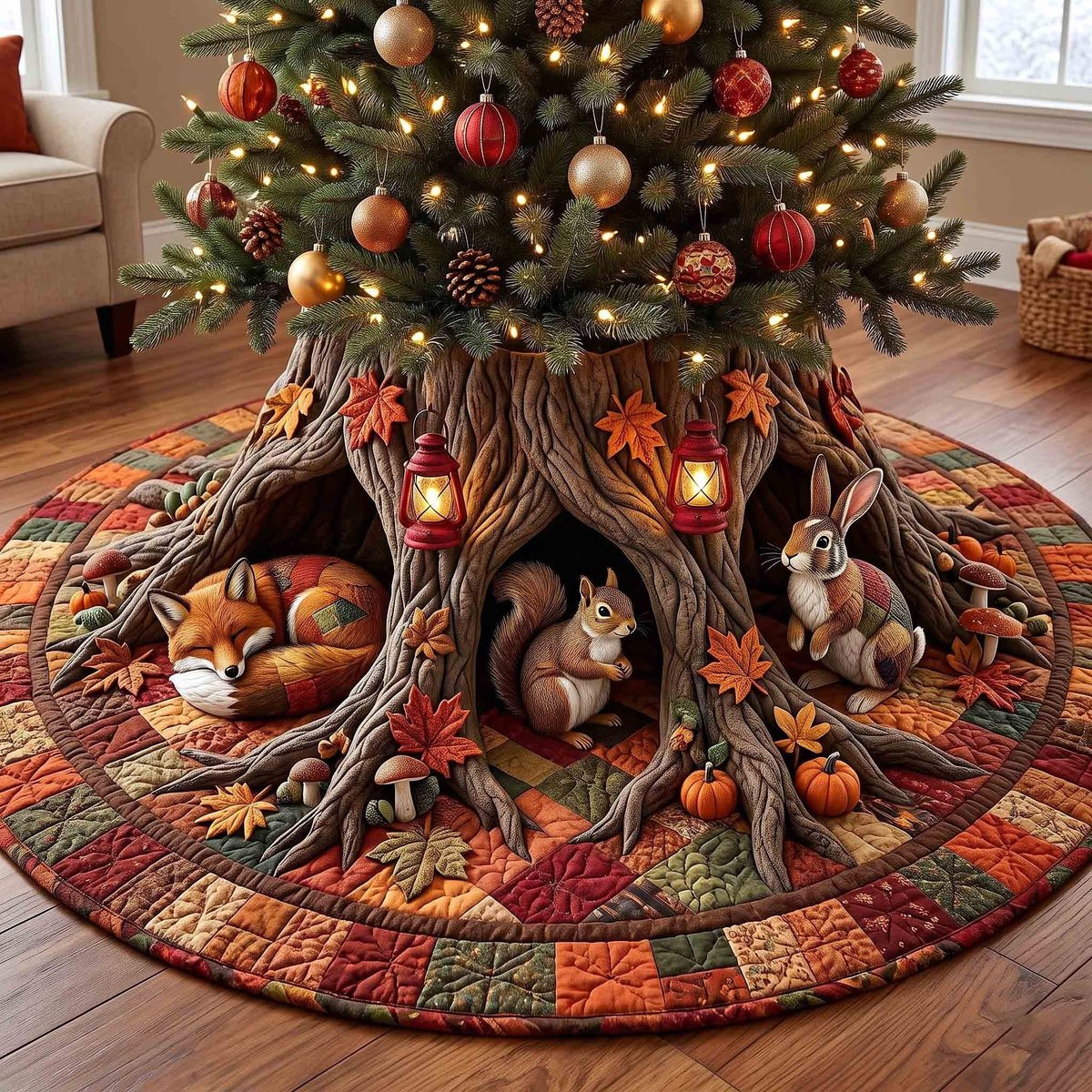 Autumn Leaf Fox Burrow Christmas Tree Skirt - Made to Order TREEK101