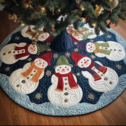 Snowmen on Navy and White Quilt Christmas Tree Skirt - Made to Order TREEK101