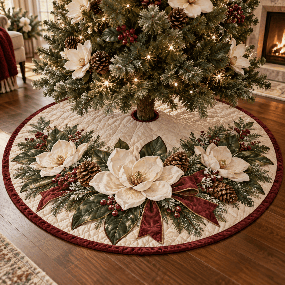 Holiday Magnolia Quilted Christmas Tree Skirt TREEK101