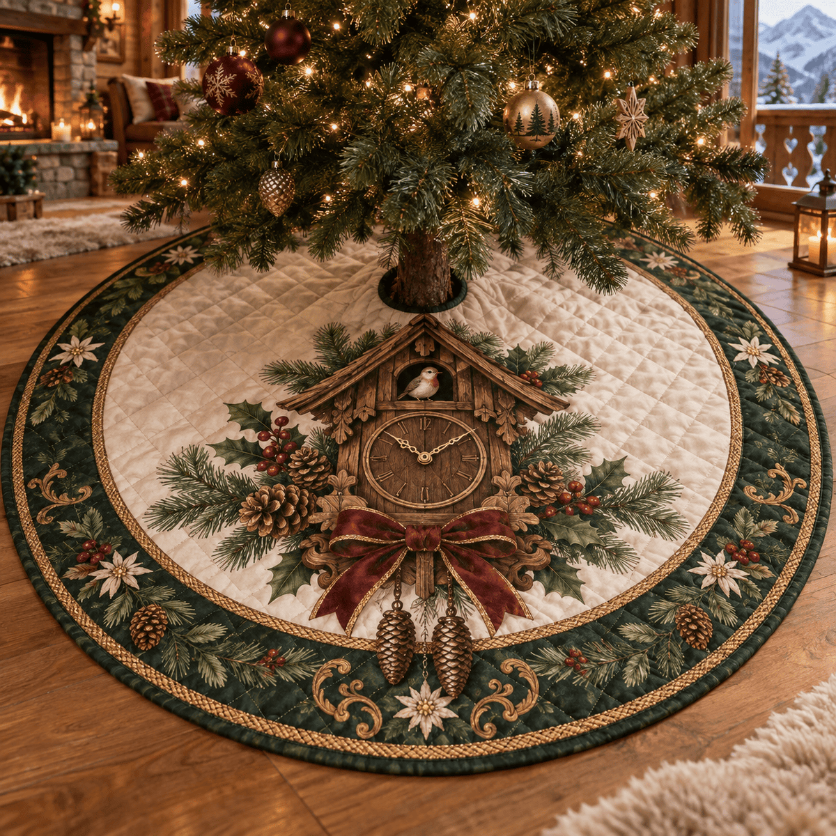 Holiday Cuckoo Clock Quilted Christmas Tree Skirt TREEK101