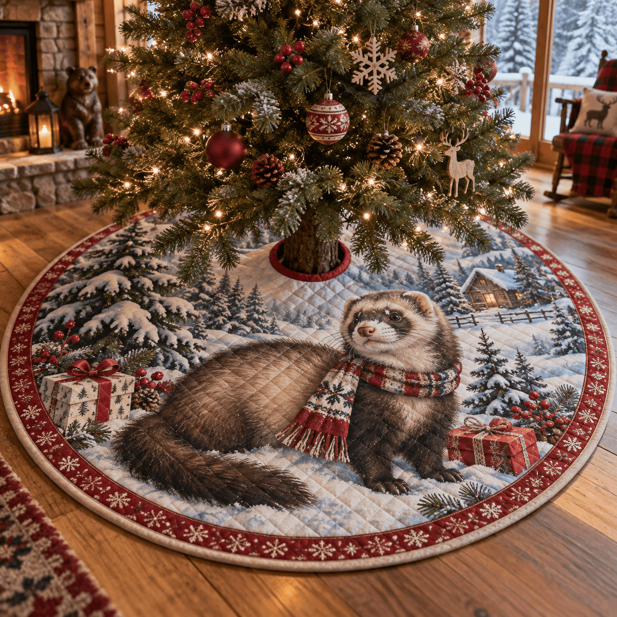 Winter Ferret Quilted Christmas Tree Skirt TREEK101