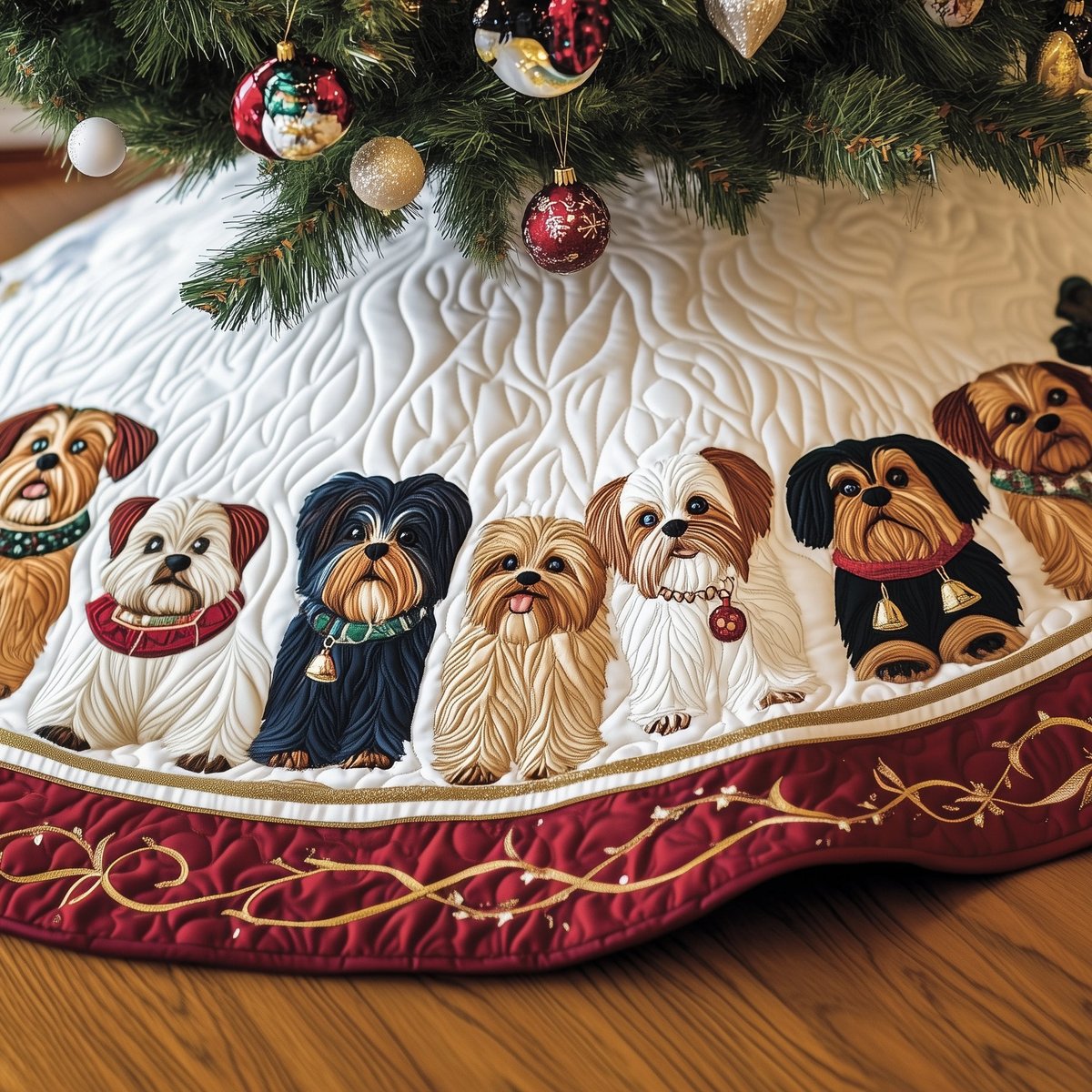 Shih Tzus on Burgundy Gold Vines Christmas Tree Skirt - Made to Order TREEK101