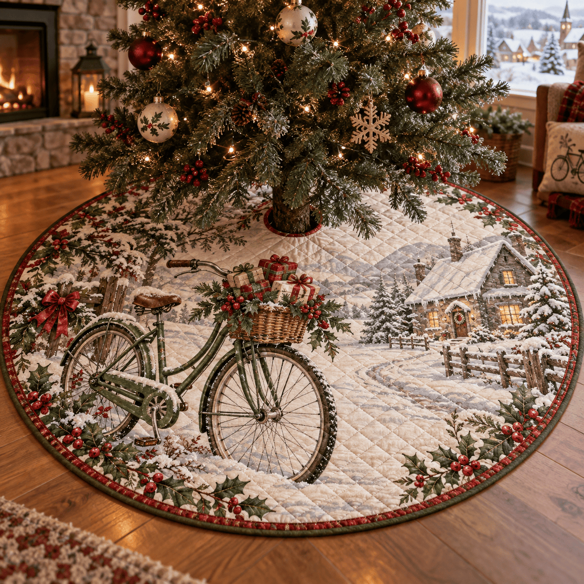 Snowy Bicycle Quilted Christmas Tree Skirt TREEK101