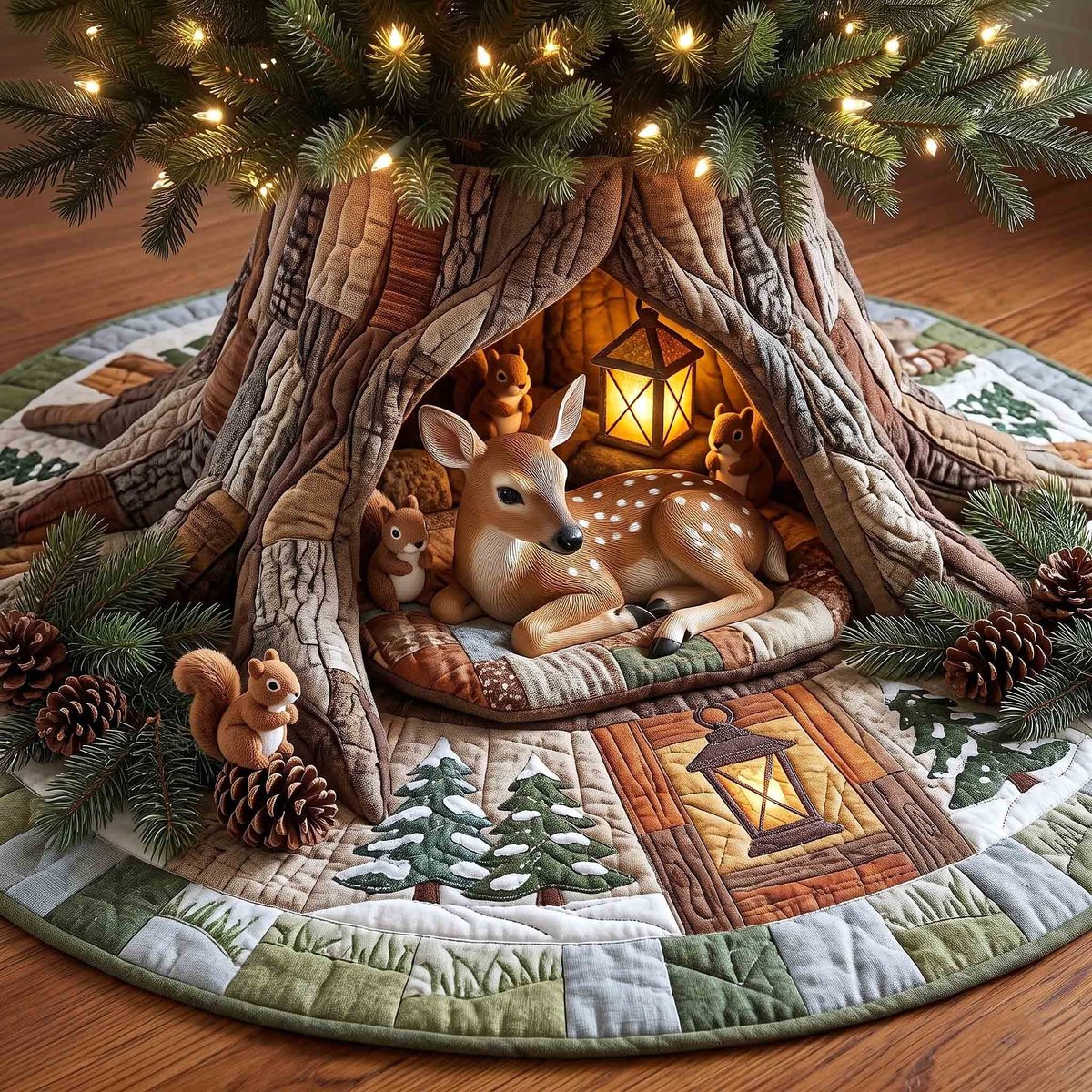 Sleeping Deer Lantern Den Christmas Tree Skirt - Made to Order TREEK101