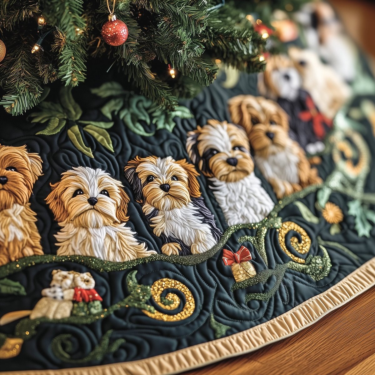 Shih Tzus with Gift Boxes on Navy Christmas Tree Skirt - Made to Order TREEK101