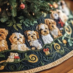 Shih Tzus with Gift Boxes on Navy Christmas Tree Skirt - Made to Order TREEK101