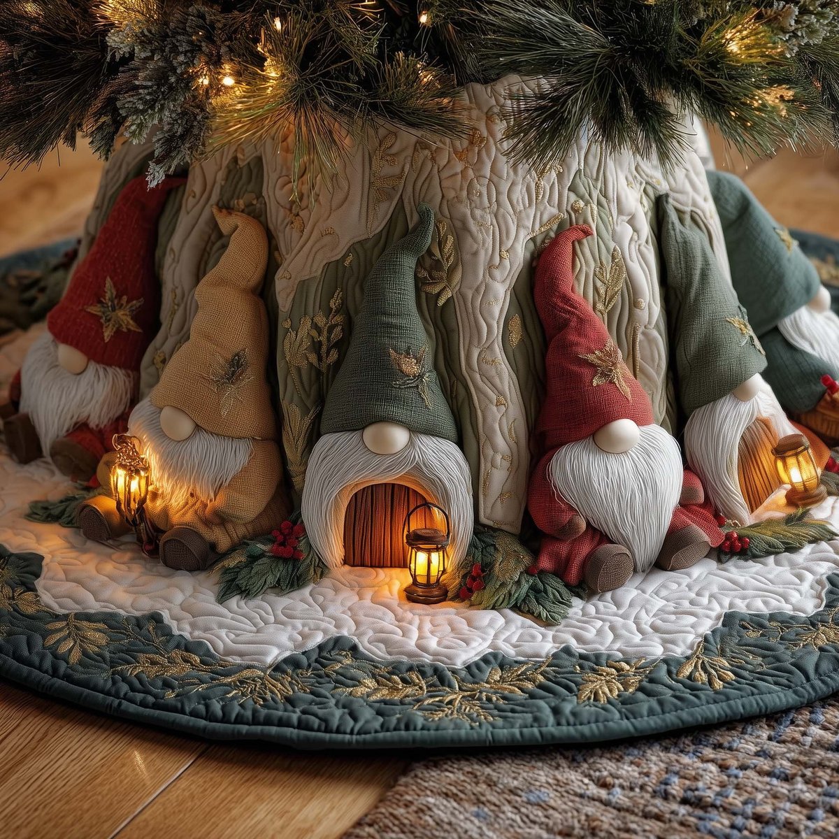 Gnomes Outside the Glowing Cottage Christmas Tree Skirt - Made to Order TREEK101