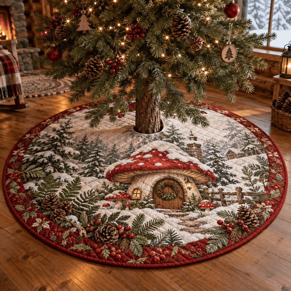 Woodland Mushroom Quilted Christmas Tree Skirt TREEK101