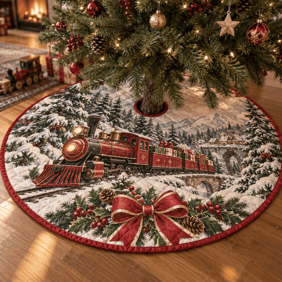 Vintage Toy Train Quilted Christmas Tree Skirt TREEK101