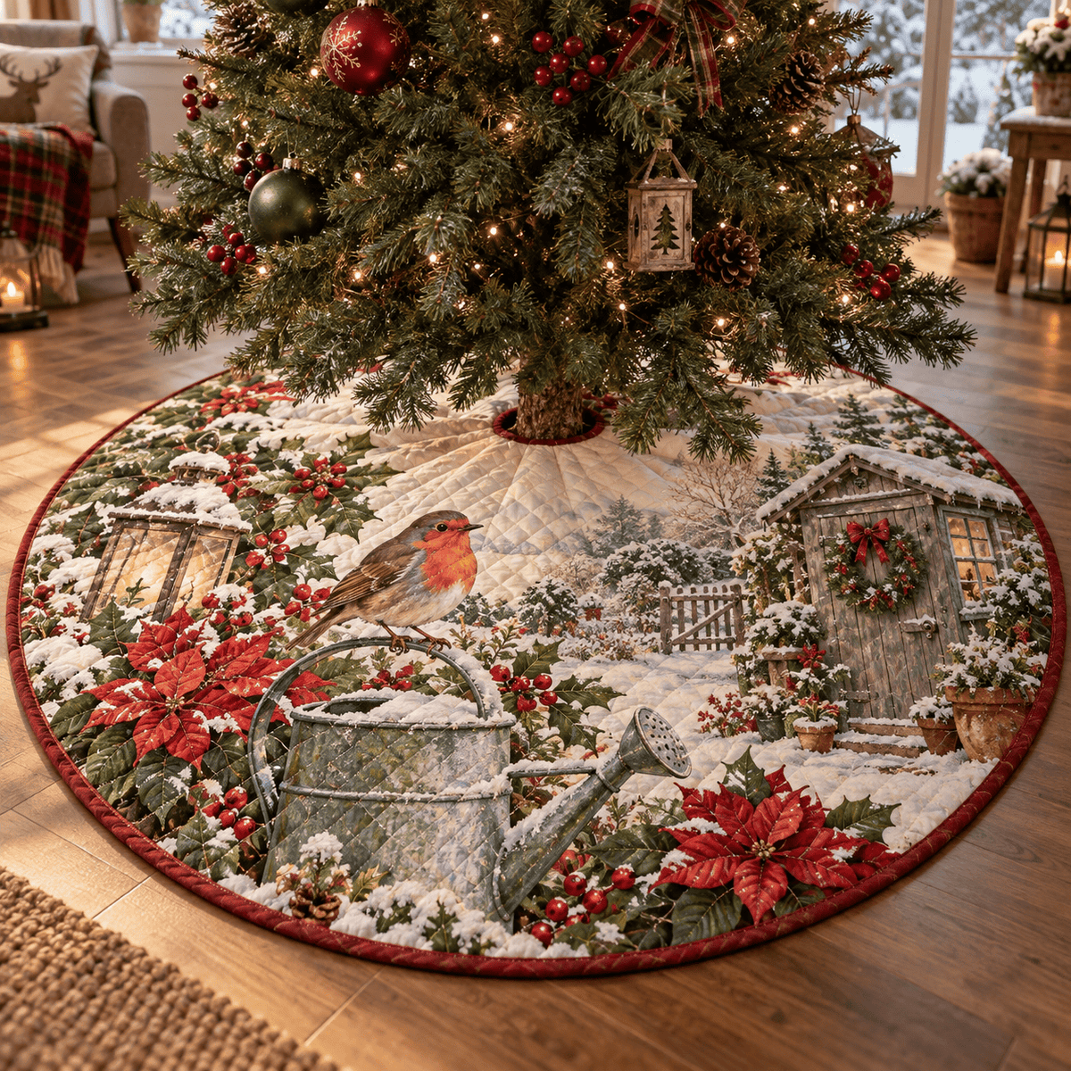 Garden Robin Quilted Christmas Tree Skirt TREEK101