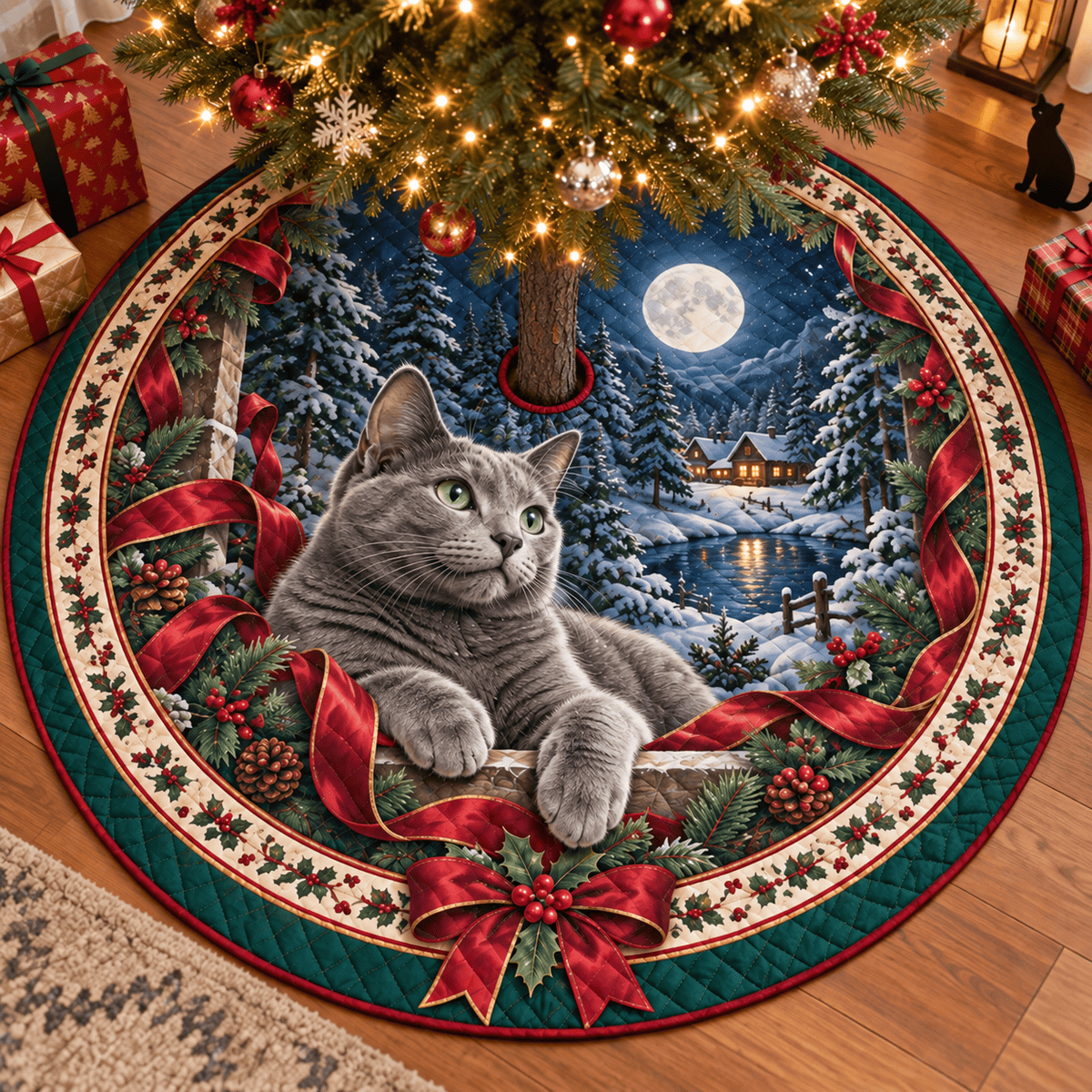 Russian Blue Cat Quilted Christmas Tree Skirt TREEK101