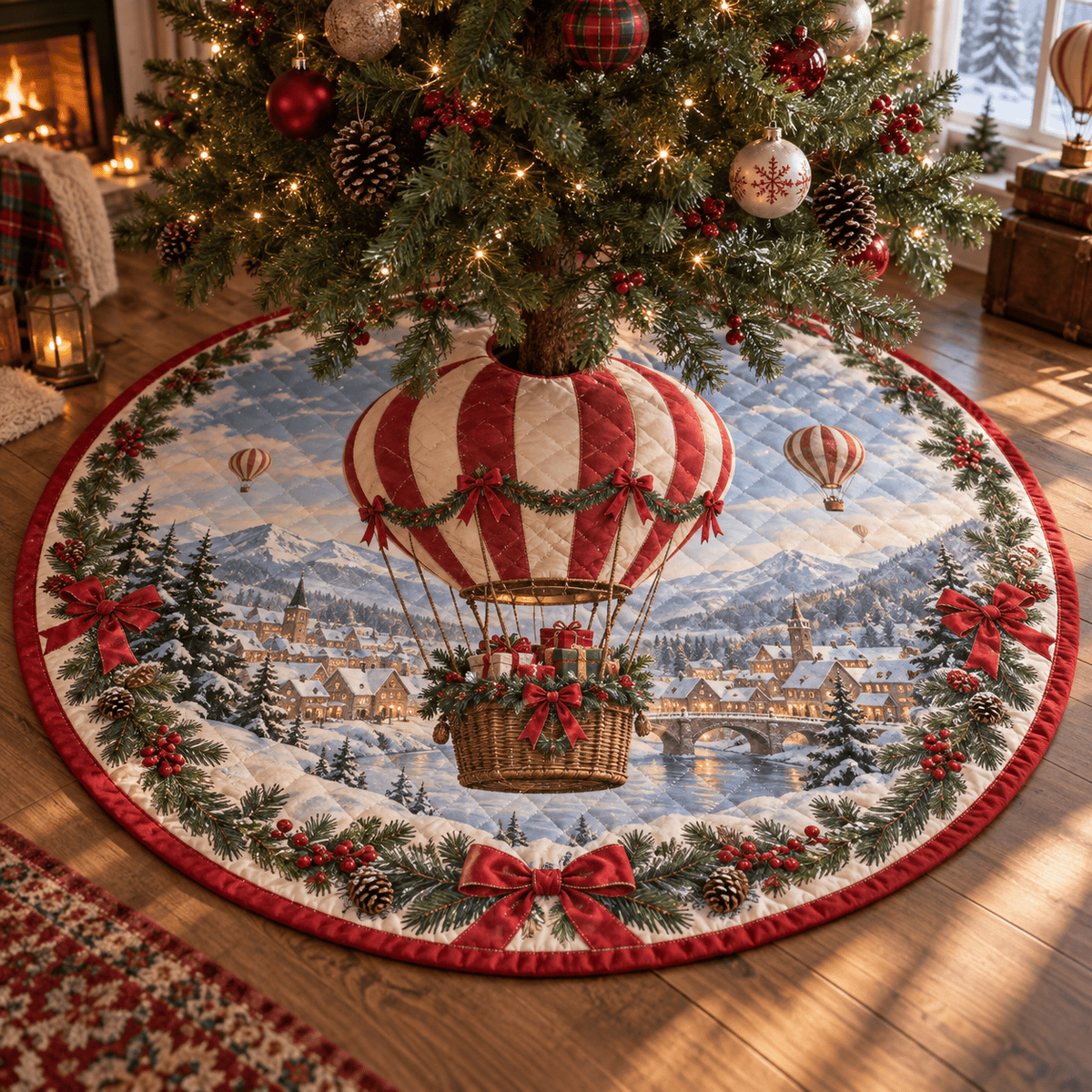 Winter Hot Air Balloon Quilted Christmas Tree Skirt TREEK101