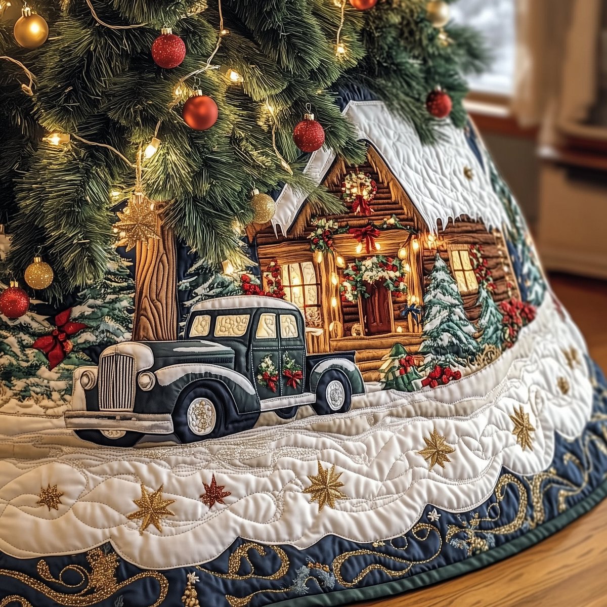Vintage Truck by the Log Cabin Christmas Tree Skirt - Made to Order TREEK101