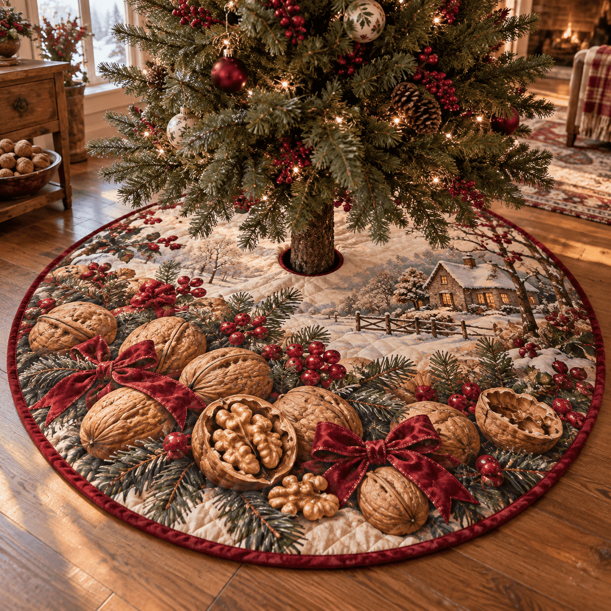 Holiday Walnut Quilted Christmas Tree Skirt TREEK101