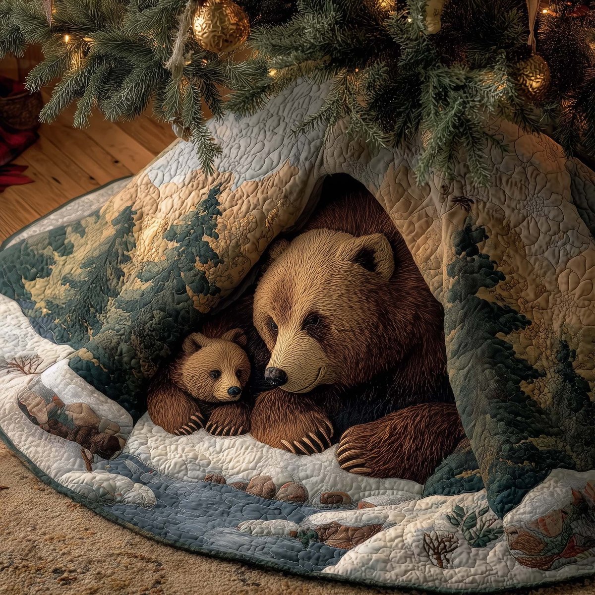 Brown Bear and Cub in the Den Christmas Tree Skirt - Made to Order TREEK101