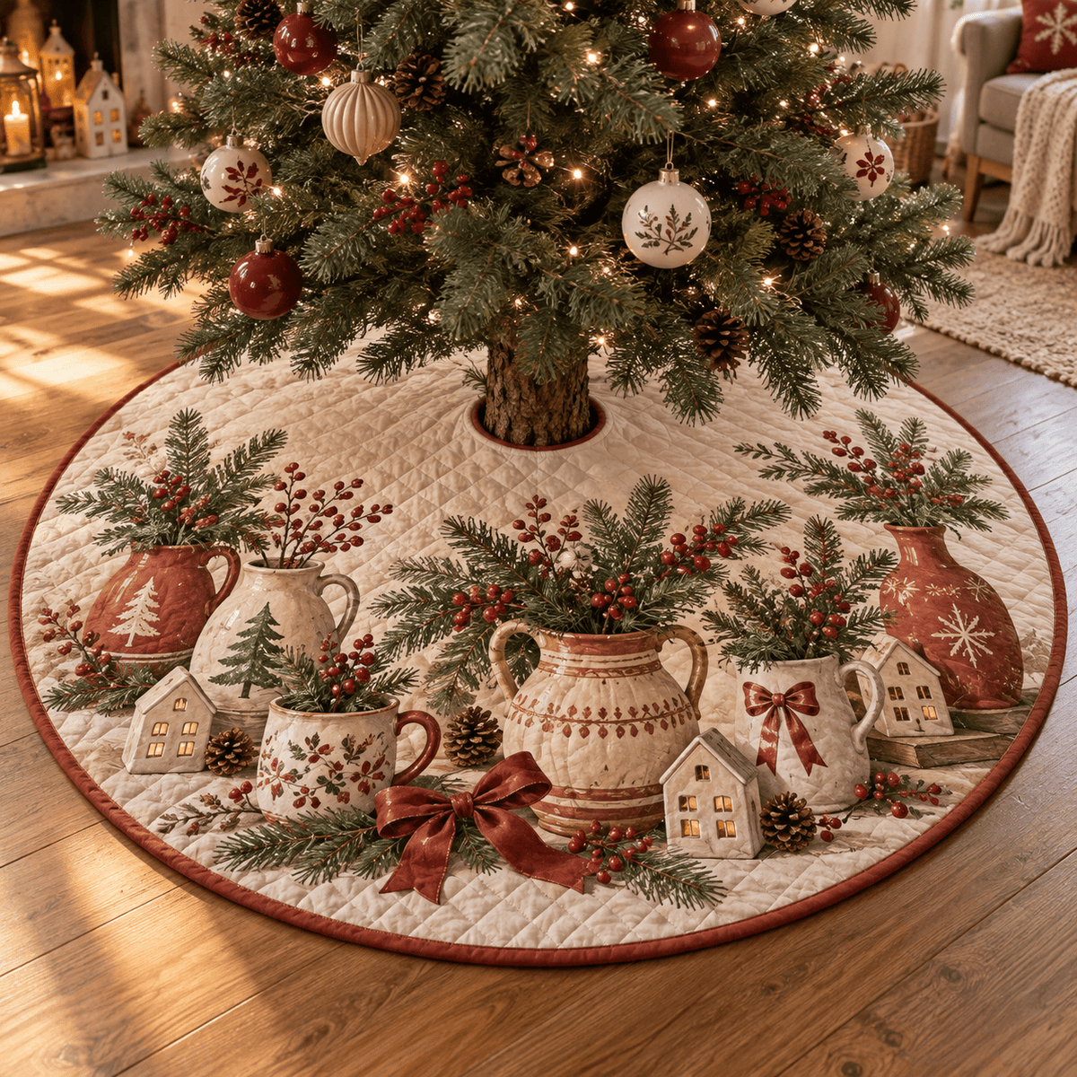Winter Pottery Quilted Christmas Tree Skirt TREEK101