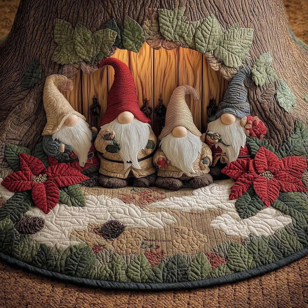 Row of Gnomes with Poinsettias Christmas Tree Skirt - Made to Order TREEK101