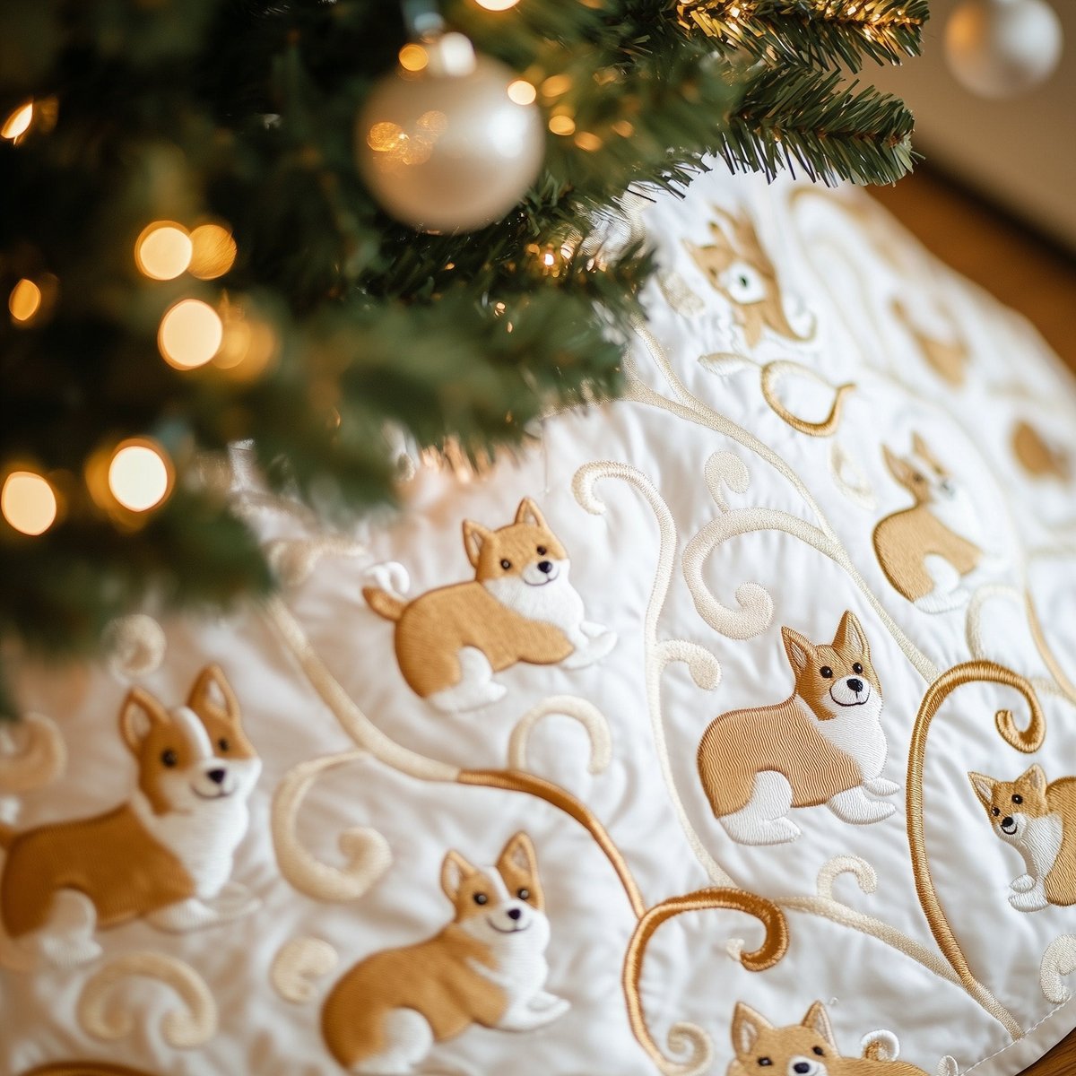 Little Corgis on White Gold Swirl Christmas Tree Skirt - Made to Order TREEK101