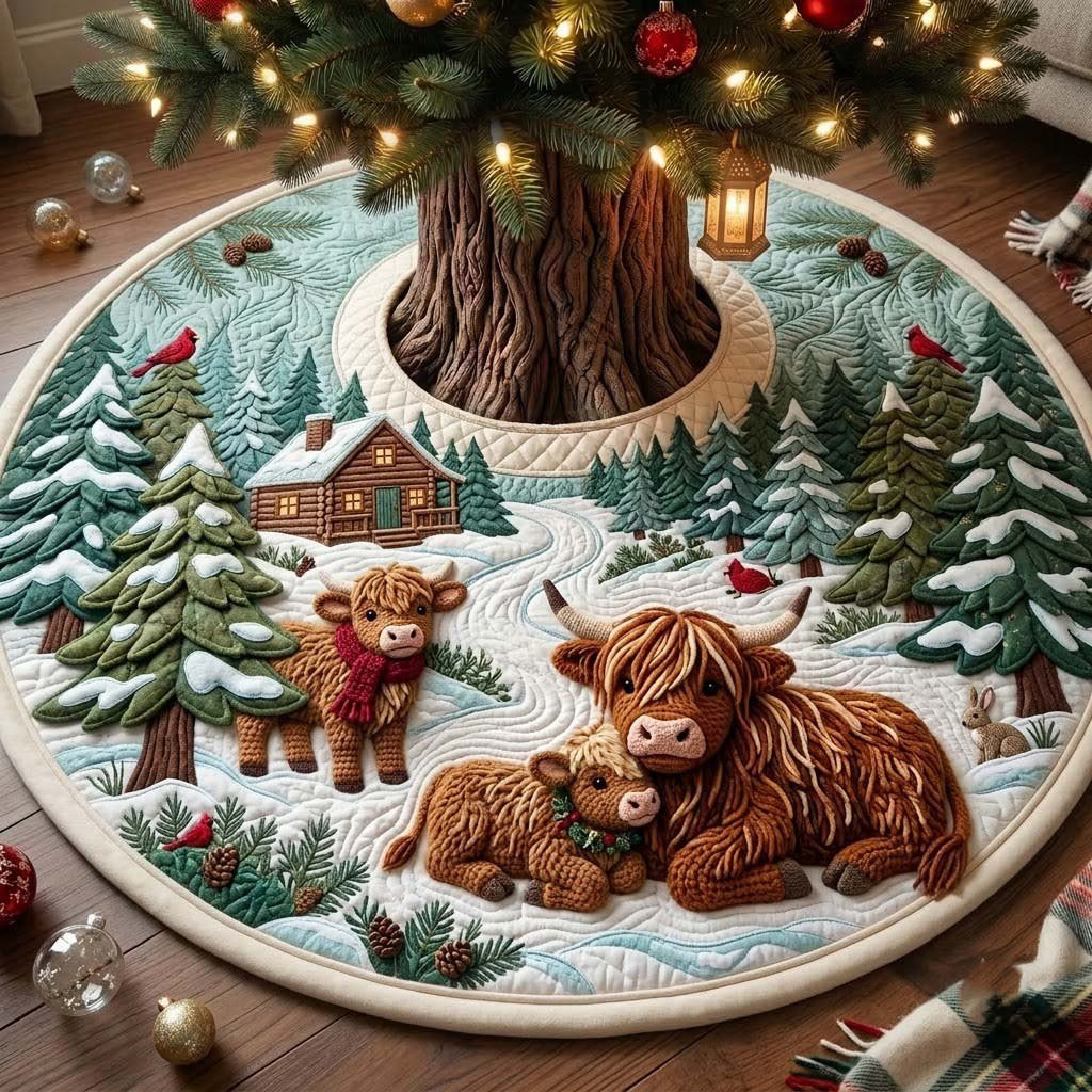 Cardinal Cabin Resting Cow Christmas Tree Skirt - Made to Order TREEK101