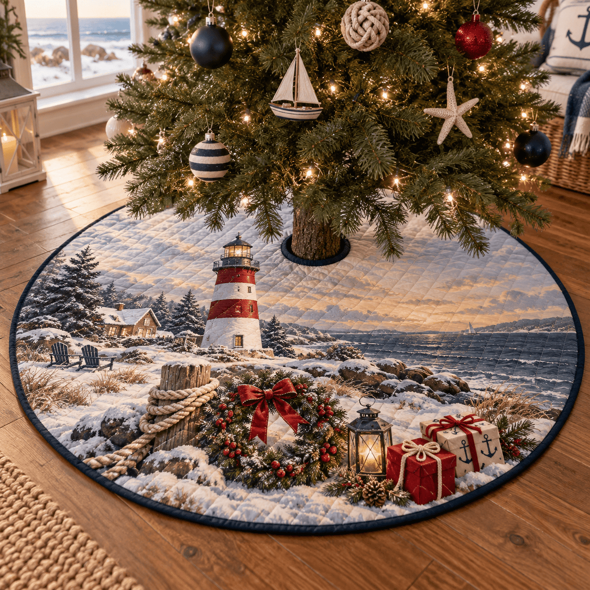 Holiday Lighthouse Quilted Christmas Tree Skirt TREEK101
