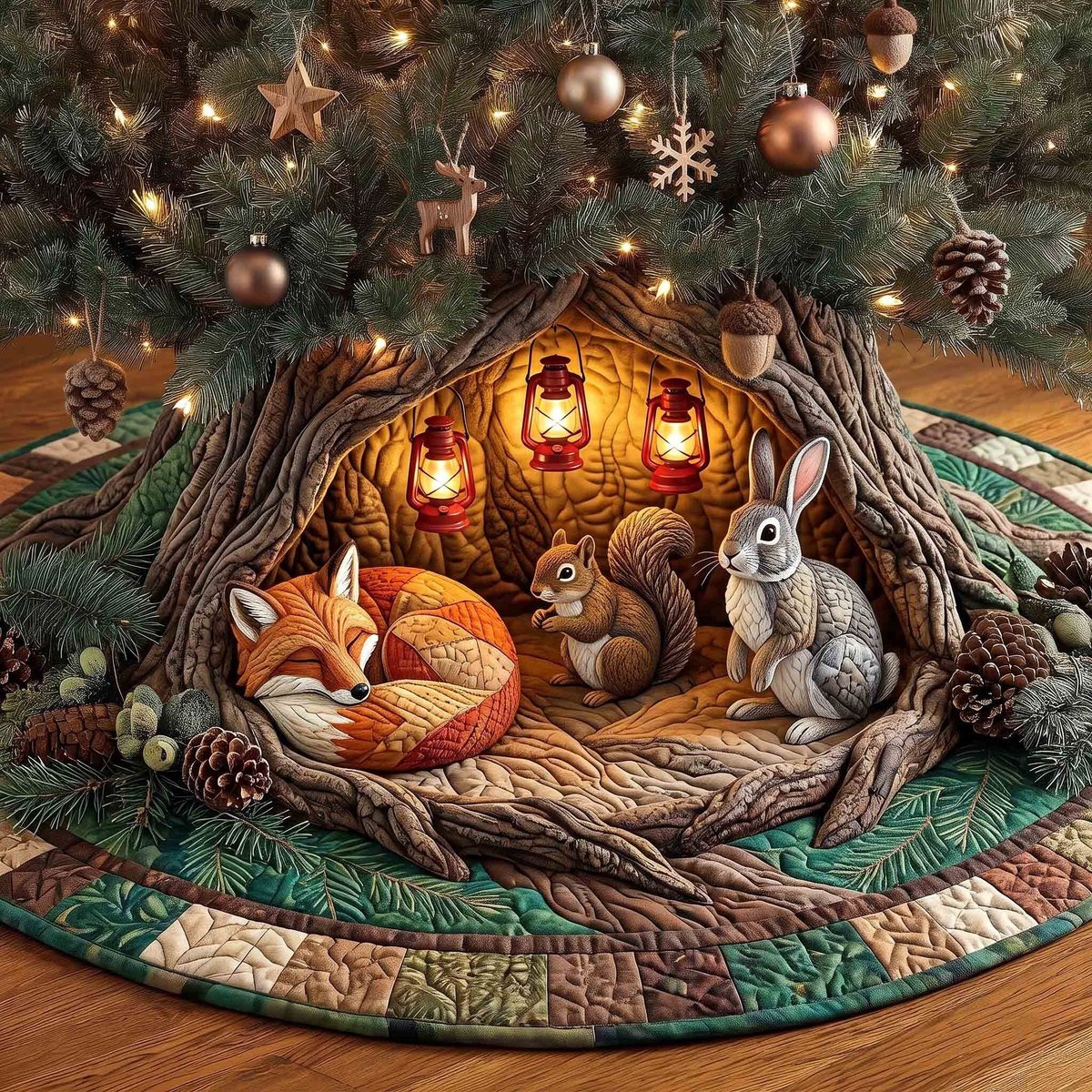 Fox And Squirrel Lantern Den Christmas Tree Skirt - Made to Order TREEK101