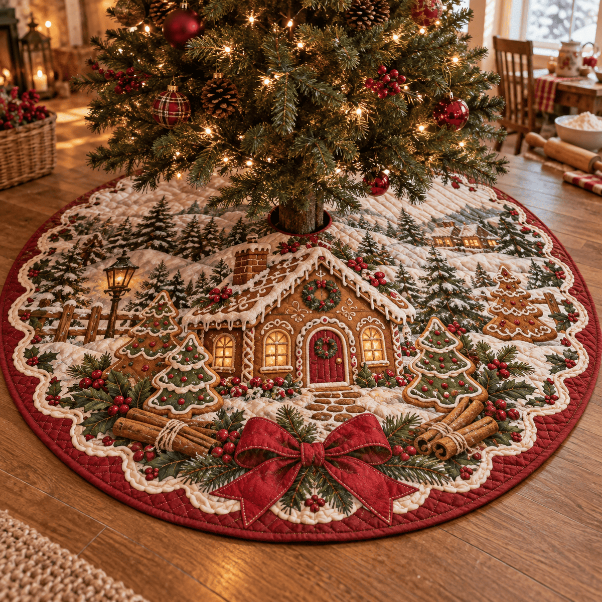 Gingerbread Bakery Quilted Christmas Tree Skirt TREEK101