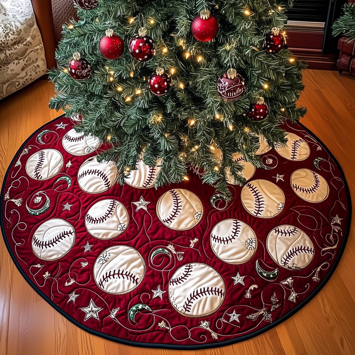 Baseballs with White Stars on Red Christmas Tree Skirt - Made to Order TREEK101
