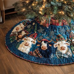 Highland Cows on Blue Plaid Patchwork Christmas Tree Skirt - Made to Order TREEK101