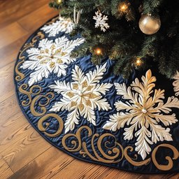 White Snowflakes on Navy with Gold Scrolls Christmas Tree Skirt - Made to Order TREEK101