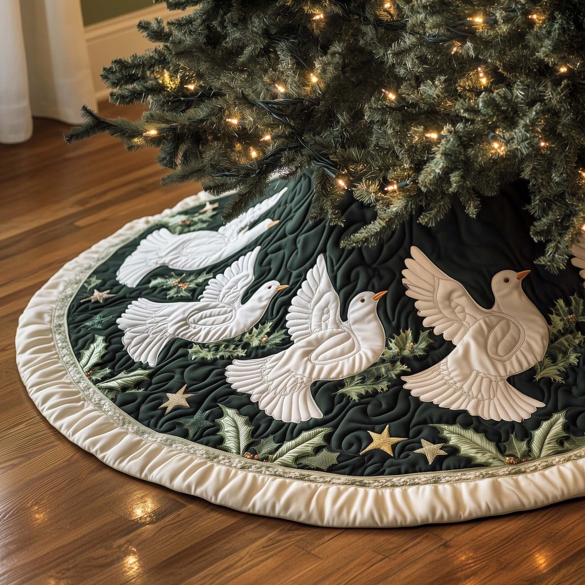 White Doves on the Forest Green Christmas Tree Skirt - Made to Order TREEK101