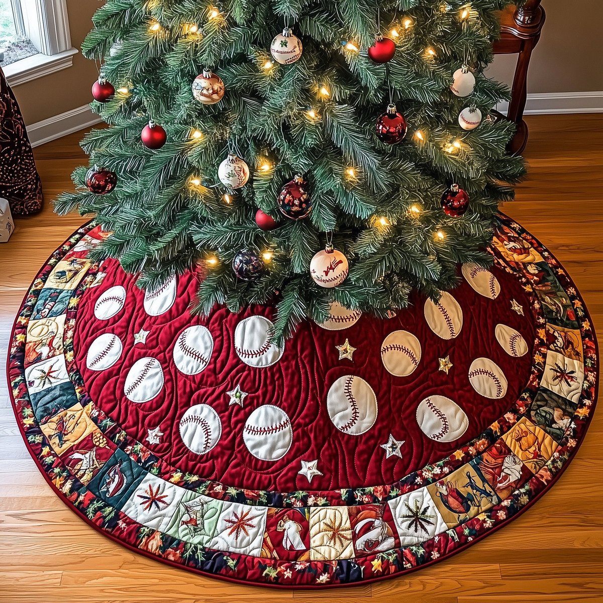 Baseballs on Red Patchwork Border Christmas Tree Skirt - Made to Order TREEK101