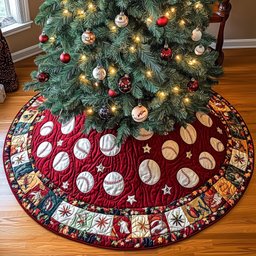 Baseballs on Red Patchwork Border Christmas Tree Skirt - Made to Order TREEK101