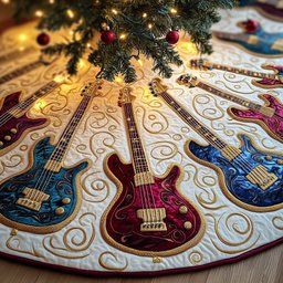 Blue and Red Guitars on Cream Christmas Tree Skirt - Made to Order TREEK101